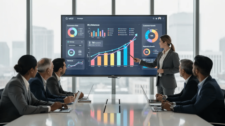 A business team is gathered around a large screen, intently reviewing an analytics dashboard that displays various metrics and data visualizations. The atmosphere suggests a focus on improving their digital marketing strategies and enhancing search engine optimization to drive organic traffic and improve search engine rankings.