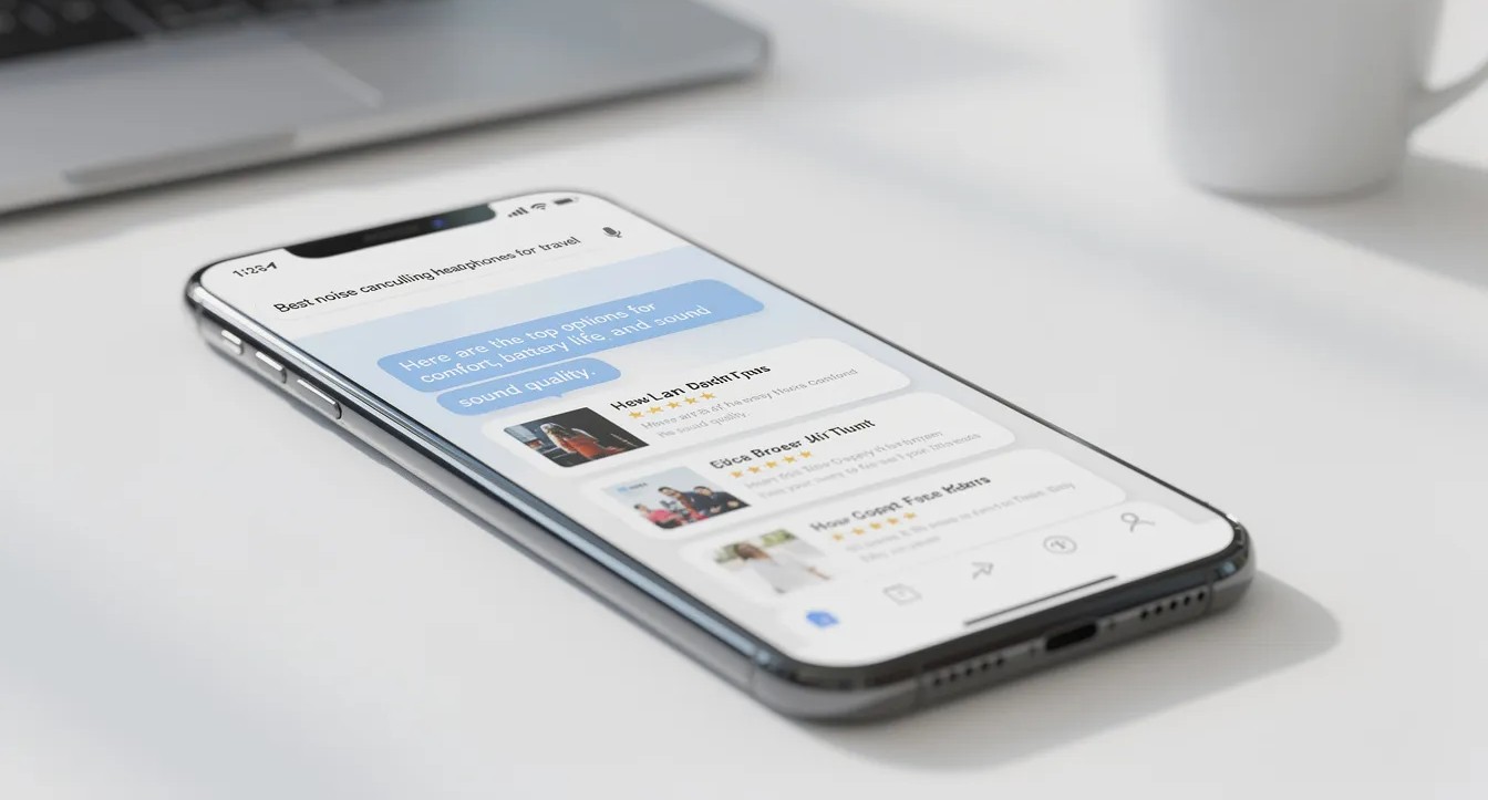 The image features a modern smartphone showcasing an AI-powered search interface that displays conversational results, emphasizing the importance of PPC management services and effective advertising strategies for optimizing ad spend. The interface highlights various elements such as search ads and keyword research, aimed at enhancing user experience and targeting the right audience.