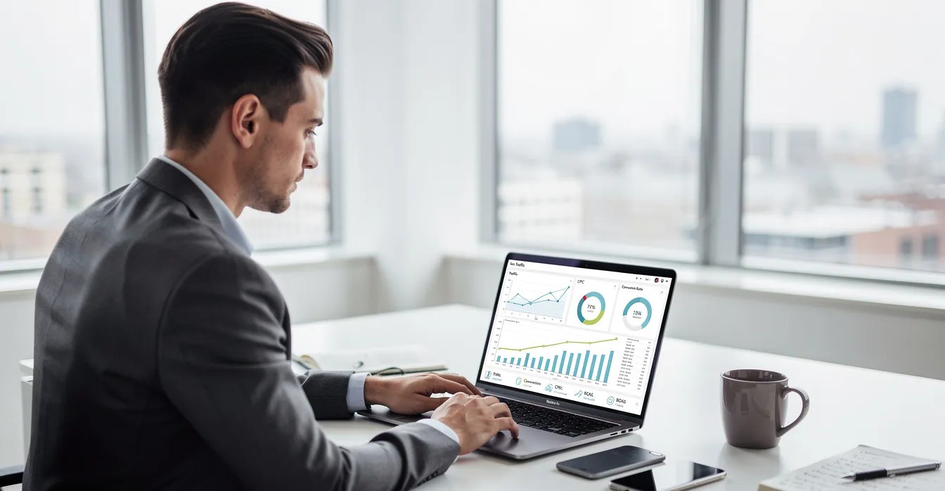 A business professional is focused on reviewing search marketing analytics displayed on a laptop, situated on a sleek, modern desk. The scene highlights the importance of PPC management services and effective advertising strategies in optimizing campaigns for better performance and ad spend efficiency.